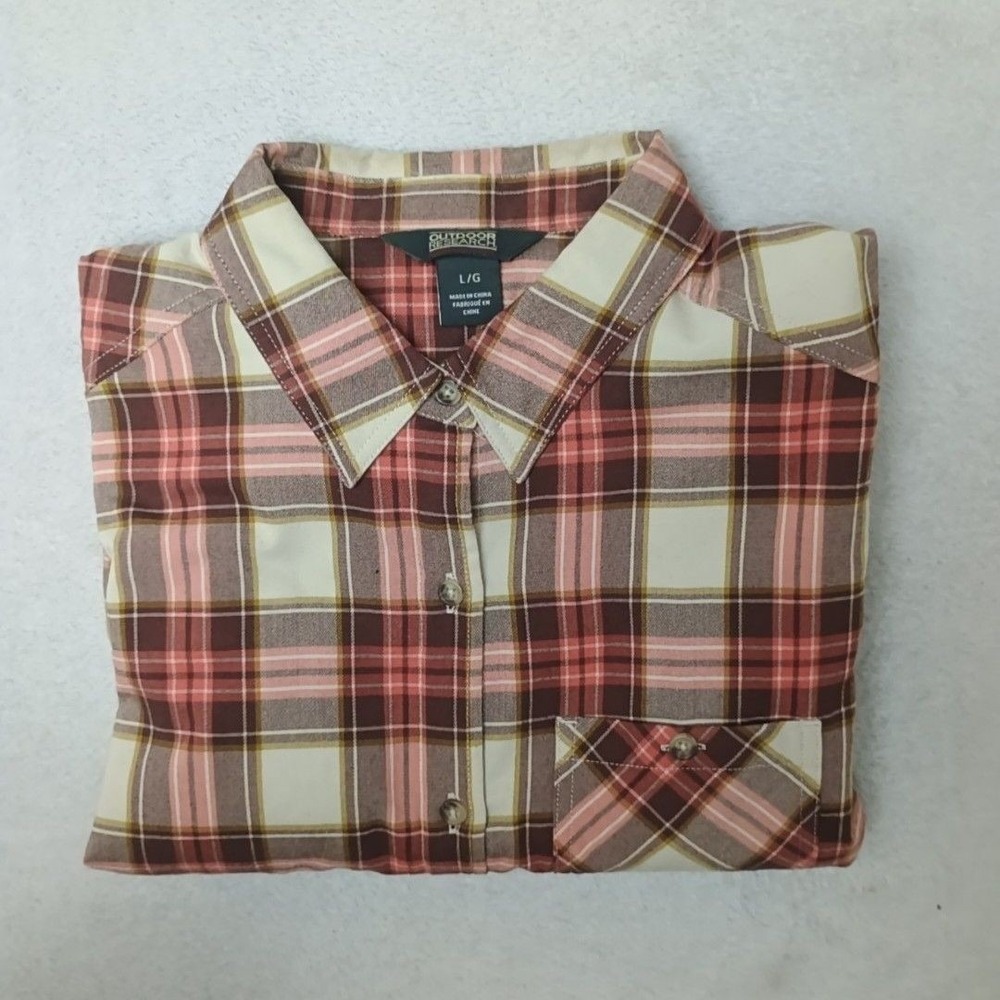 Outdoor Research Shirt Womens L Brown Plaid Kulshan Flannel Button Up Hiking